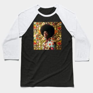 Man with an afro standing in front of a floral wallpaper Baseball T-Shirt